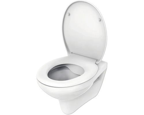 Závesné WC s otvoreným splachovacím okrajom a vyklopeným sedadlom