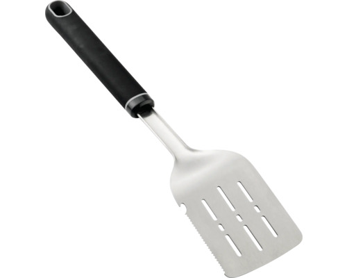 Obracačka na grilovanie z nehrdzavejúcej ocele s otvormi a čiernou rukoväťou