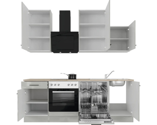 Kuchynská linka so závesnými skrinkami, digestorom, sporákom, umývačkou riadu a drezom