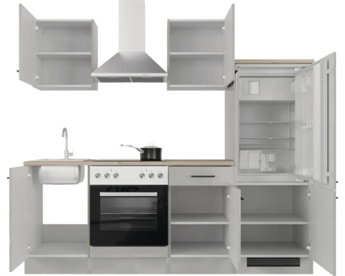 Kuchynská linka s drezom, sporákom, rúrou, digestorom, hornými skrinkami a chladničkou