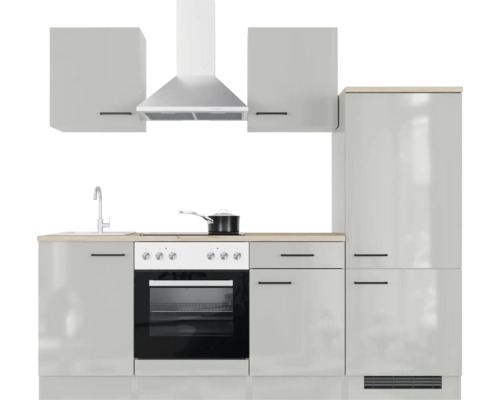 Kuchynská linka s drezom, varnou doskou, rúrou, digestorom, hornými skrinkami a chladničkou