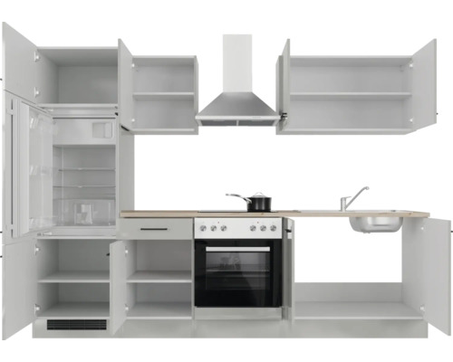 Kuchynská linka so skrinkami, chladničkou, sporákom, drezom a digestorom
