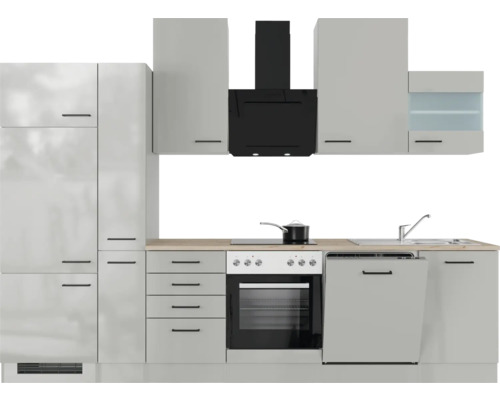 Moderná kuchynská linka s kuchynskými skrinkami, digestorom, sporákom a umývačkou riadu