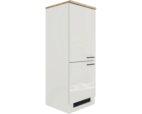 Vysoká biela kuchynská skrinka s drevenou doskou