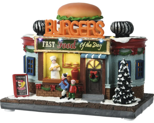 LED stánok s občerstvením Christmas villages 12 x 19,5 x 16 cm 14 LED micro Dekoratívny stánok s rýchlym občerstvením s hamburgerom na streche, figúrkami a vianočným stromčekom