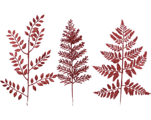 Umelé vetvičky 36 cm trblietavé červené, rôzne druhy Tri ozdobné vetvy rastlín