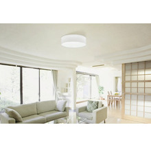 Svetlá obývacia izba so stropným svietidlom, pohovkou a kreslom