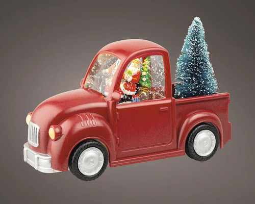 LED snežítko auto na batérie Dekoratívna červená snehová guľa v tvare nákladného auta s vianočným stromčekom a figúrkou Santa Clausa