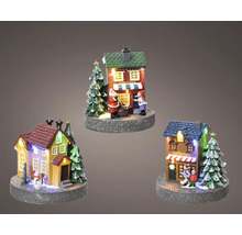 Tri vianočné miniatúrne domčeky s LED osvetlením a figúrkami