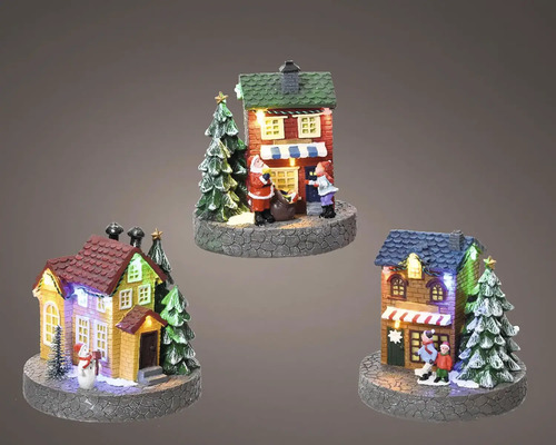 LED scenéria Tri vianočné miniatúrne domčeky s LED osvetlením a figúrkami