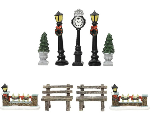 Miniatúrna dedinská súprava so stromami, lampášmi, hodinami, lavičkami a plotmi