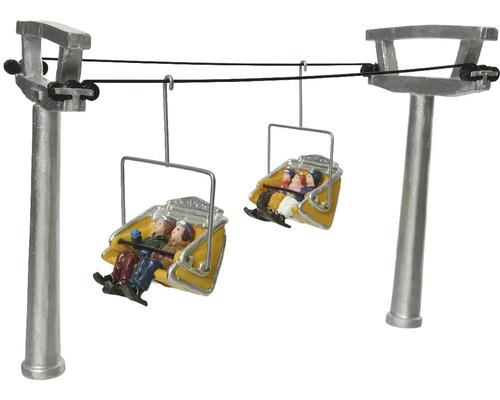 Miniatúrna dekorácia lyžiarskeho vleku s gondolami a figúrkami na vianočnú dekoráciu