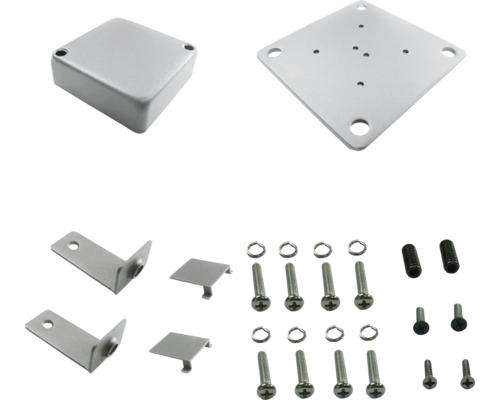 Montážne príslušenstvo pre kupolovú kameru, pozostávajúce z pripojovacej skrinky, montážnej dosky, uholníkov, krytov, skrutiek a podložiek.