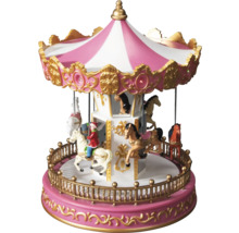 Dekoratívna hracia skrinka s motívom kolotoča a figúrkami koní.