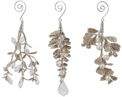 Vianočné ozdoby s trblietavými lístkami 18 cm šampaň Tri ozdobné závesy s imelom, lístkami a ozdobnými kameňmi pre sviatočné dekorácie