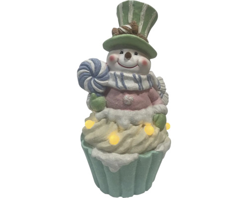 Figúrka snehuliaka na podstavci v tvare cupcaku s LED osvetlením