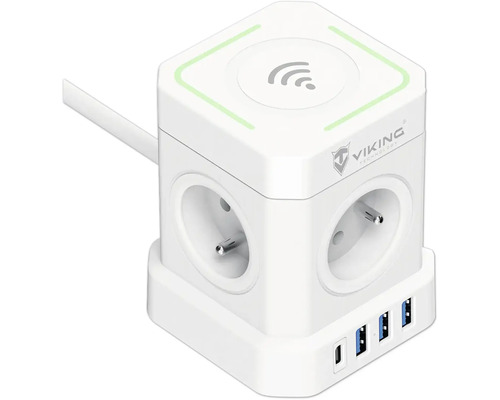 Predlžovací kábel VIKING VACT44W so 4 zásuvkami 230V + 3x USB-A + 1x USB-C 2m biely Predlžovacia zásuvka v tvare kocky s viacerými zásuvkami a portami USB
