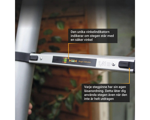 Detailný pohľad na rebrík s ukazovateľom uhla pre bezpečné umiestnenie