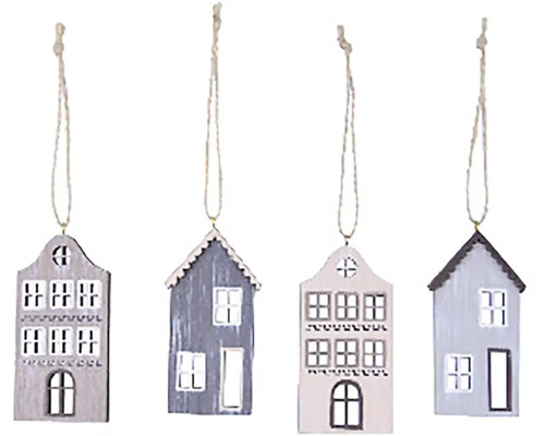 Štyri drevené závesné ozdoby v tvare domov so šnúrkou