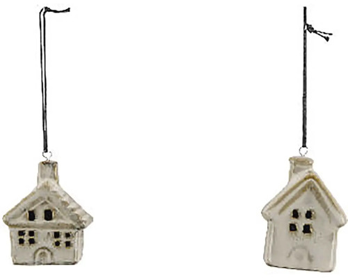 Záves domček/svietnik, keramika, krémová Dve ozdoby v tvare domu na vianočnú dekoráciu