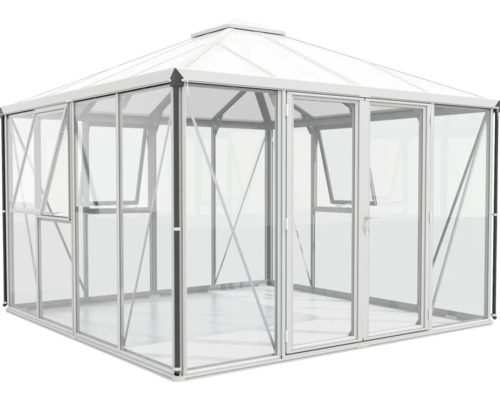 Skleník s priehľadnými stenami a strechou