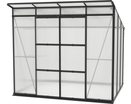 Skleník s priehľadnými stenami a tmavým rámom.