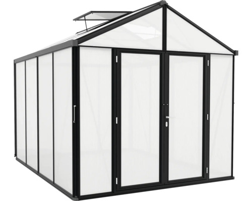 Skleník s dvojkrídlovými dverami a svetlíkom do záhrady