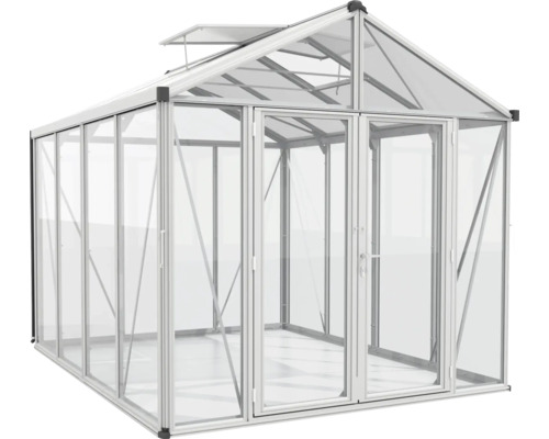 Skleník so sklenenými stenami a dvojkrídlovými dverami