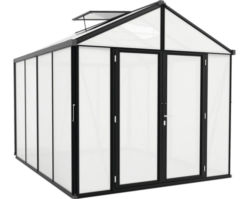 Skleník s dvojkrídlovými dverami a strešným oknom do záhrady