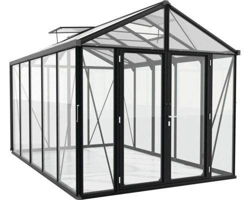 Skleník so sklenenými stenami a dvojkrídlovými dverami