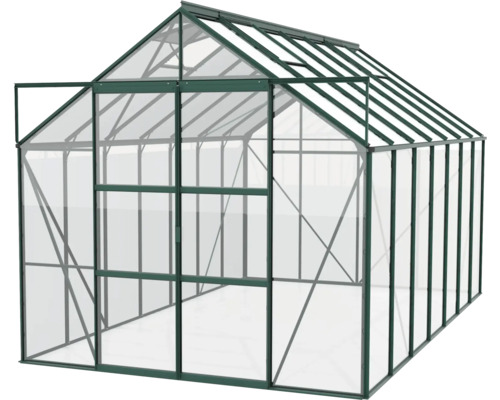 Skleník so sklenenými stenami a rámom