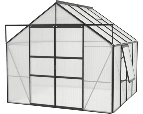 Skleník s čiernym rámom a priehľadnými stenami