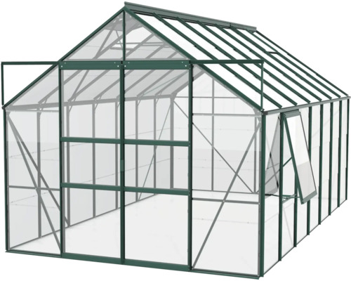 Skleník s otvorenými dverami a oknom na pestovanie rastlín