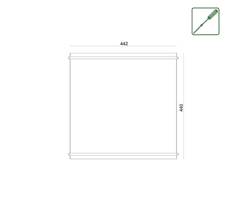 Technický nákres kusu nábytku s rozmermi 442 x 440 mm a montážny návod