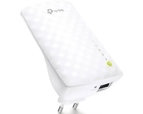 Logo TP-Link, biely opakovač WiFi so zástrčkou