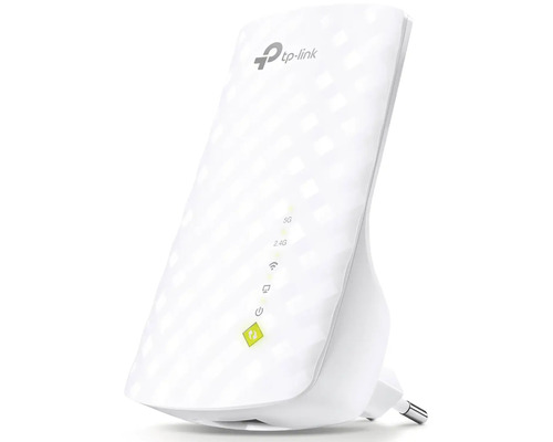 Logo spoločnosti TP-Link. Biely zosilňovač Wi-Fi s LED diódami pre 5G, 2,4G a silu signálu.