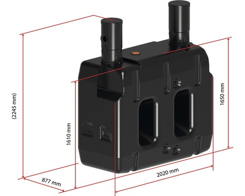Nádrž na odpadovú vodu s rozmermi 2245 mm výška, 877 mm šírka, 1650 mm výška a 2020 mm dĺžka.
