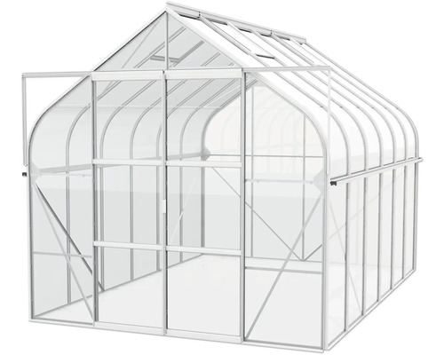 Skleník s oceľovým rámom a sklenenými panelmi