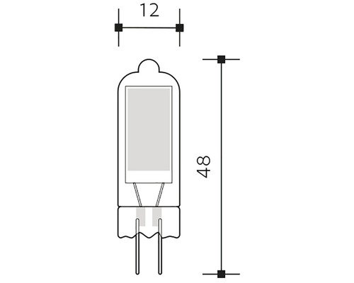 Technický nákres halogénovej žiarovky G4 s rozmermi 12 a 48 milimetrov.