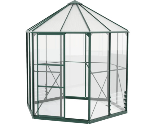 Šesťuholníkový skleník s transparentnými stenami a strechou