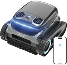 Logo Aiper. Robot na čistenie bazénov s pásovým pohonom a inteligentný telefón.