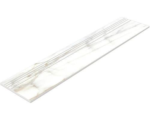 Biela schodisková dlaždica s mramorovou štruktúrou a drážkami