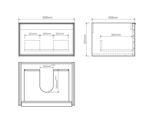 Technický nákres skrinky pod umývadlo s rozmermi