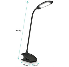 Čierna klipsová lampa s LED svetlom a flexibilným držiakom, rozmery 415 x 115 x 55 milimetrov.