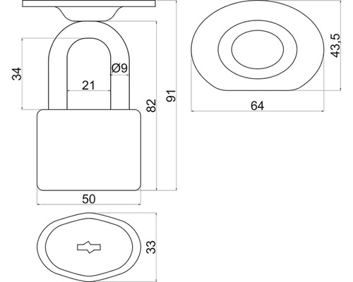 Technický výkres visiaceho zámku s rozmermi