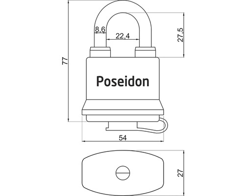 Technický nákres visiaceho zámku Poseidon s rozmermi