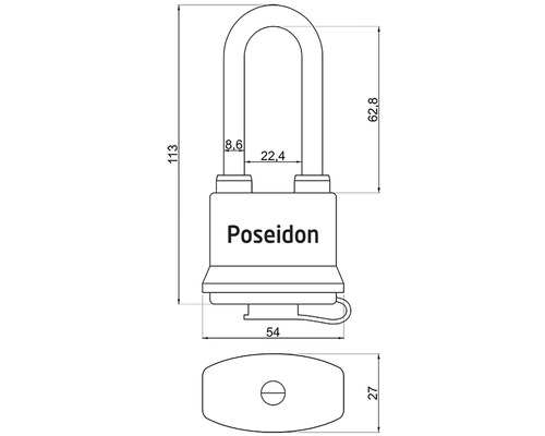 Technický nákres visiaceho zámku Poseidon s rozmermi