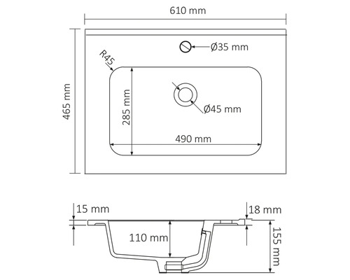 Technický nákres umývadla s rozmermi