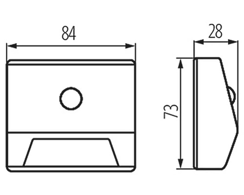 Technický nákres nástennej lampy s rozmermi 84 x 73 x 28 milimetrov.