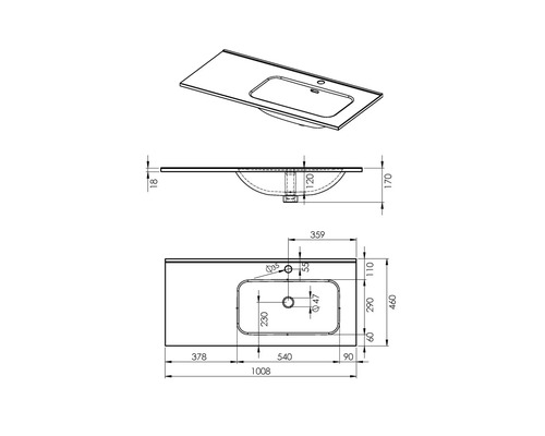 Technický nákres umývadla s umývadlovou misou a rozmermi